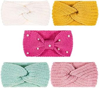 Whaline 5 Pieces Knit Headbands Winter Ear Warmers, 4 Elastic Turban Head Wraps and 1 Pearl Crochet Hair Band, Hair Scrunchies Scarves for Women Girls (Candy Colors)