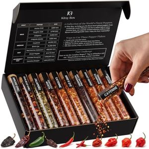 KITSY BOX Crushed Pepper Flakes Variety Pack – 10 Gourmet Chili Peppers from Mild to World's Hottest | Ghost Pepper, Carolina Reaper, Habanero, Cayenne, Chipotle | The Heat Box Spice Gift Set, Mothers Day Gift