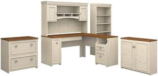 Bush Furniture Fairview 60W L Shaped Desk with Hutch, File Cabinet, Bookcase and Storage in Antique White and Tea Maple