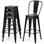 COSTWAY Set of 4 Metal Stacking Stools, Square Nesting Bar Stool with Handing Hole & Footrest, Breakfast Dining Seating Chair for Home Kitchen, Support up to 150kg (76cm Tall with Backrest, Black)