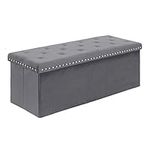 Bonlife Grey Velvet Ottoman Storage,Extra Large End of Bed Storage Box with Lids,Footstool Folding Ottoman Bench Window Seat with Rivet,110x40x40cm