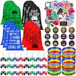 Video Game Party Favors Party Supplies Party Favor Bags with Drawstring Bracelets Video Game Controller Keychains Button Pins Gaming Stickers for Kids Gamer Birthday Decorations (122 Pcs)