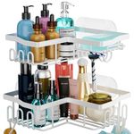 HapiRm Corner Shower Caddy, Corner Shower Shelf No Drilling, White Bathroom Organizer with Soap and Razor Holder, Bathroom Shelves Wall Mounted for Bathroom, Kitchen, 2 Pack, 6 Adhesives