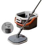 JIALTO 360° Spin Mop & Drop Bucket Deluxe System | Reusable Microfiber Pads, Self-Wringing Mop for Wet & Dry Cleaning of Walls, Glass & Tiles and Home Floor Cleaning - Grey and Orange (Octagon)