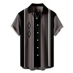 Mens Bowling Shirts Retro Button Down Bowling Shirts 50s Rockabilly Style Summer Tops Cuban Camp Guayabera Beach Tops(Grey,X-Large)