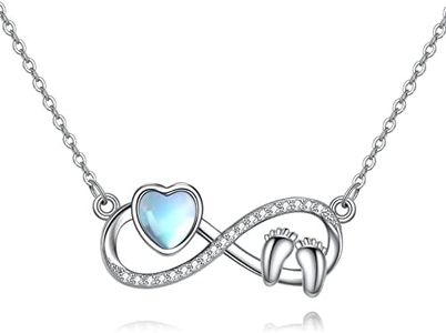 AXELUNA Moonstone Infinity Necklace for Women Sterling Silver Infant Baby Feet Print Necklace Miscarriage Gifts for Mother Women Mom, Sterling Silver, Zircon