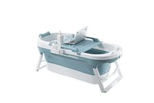 Schwänlein® Foldable Adult Bathtub 138 * 64 * 54cm, Ideal for Small Bathrooms, with Soap Basket, Neck Pillow, Practical and Portable (138, Blue)