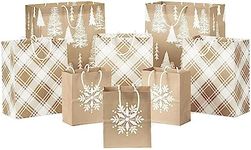 Hallmark Assorted Bags, Recyclable Kraft Brown with Snowflake, Plaid and Trees (8 Bags: 3 Small 6", 3 Medium 9", 2 Large 13") for Holiday Parties, Hanukkah, Winter Weddings