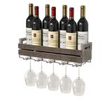 J JACKCUBE DESIGN Wall Mounted Rustic Wood Wine Storage Rack with Metal Glass Holder, Holds 6 bottles, 5 Glasses, Decorative for Home Bar, Dining Room, Kitchen - MK566A