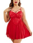 Avidlove Sexy Lingerie for Valentines Day Plus Lace Babydoll Strap Chemise Nightwear V Neck Sleepwear Side Slit Nighties Red