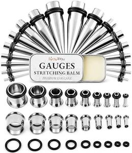 BodyJ4You 37PC Ear Stretching Kit with Aftercare Balm - Complete Beginner Set Gauges for Ears 14G-00G - Silvertone Stainless Steel Tapers Single Flare Plugs Tunnels - Dead Stretching Lobe Men Women