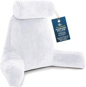 Husband Pillow XXL Reading Pillow for Bed Backrest with Arms - White - Adult - Shredded Memory Foam, Ultra-Comfy Microplush Cover & Detachable Neck Roll - Unmatched Support Bed Rest Sit Up Pillow