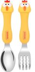 Nimbose® Tableware Cartoon Kids 1 Spoon and 1 Fork Set, Dessert Spoon for Children, Pasta Fork Baby Cutlery for Kids, Stainless Steel Body with Polypropylene Handles (Random Design, Yellow)