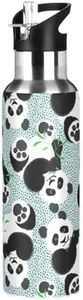 Cute Panda Water Bottles Green Kids Insulated Sports Vacuum Stainless Steel Thermos Mug with Straw Lid & Handle 20 oz