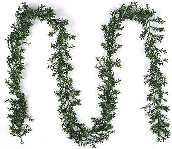 Larksilk Green UV Resistant Boxwood Garland, 2-Pack 9 Foot Artificial Ivy Vine Greenery with Hanging Loops for Party, Event, & Wedding Décor