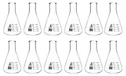 12PK Erlenmeyer Flasks, 150ml - Borosilicate Glass - White Graduations - Narrow Neck - Pack of 10 Flasks - Eisco Labs