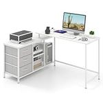 CASART L-shaped Computer Desk with Power Outlet, 2 in 1 Convertible Office Desk Corner Desk with Drawers & Shelves, 140cm Home Office PC Table Writing Desk for Bedroom Study (White+Gray)