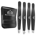 Majestic Bombay Fine Point + Slant Tweezers for Women and Men – Splinter Ticks, Facial, Brow and Ingrown Hair Removal–Sharp, Needle Nose, Surgical Tweezers Precision Best Tweezers for Chin Hair