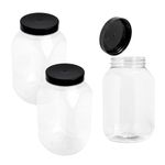 STACKABLES Pack of 3 Round Plastic Jars with Lids 1000ml – 1 Litre Refillable Canisters Cylinder Clear Storage Containers with Airtight Black Lids for Kitchen use, Dry Foods, Sweets, Spices.