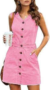 LookbookStore Women Sleeveless V Neck Button Down Frayed Hem Short Denim Dress, Aurora Pink, Medium