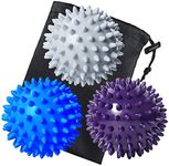 Benvo Spiky Massage Balls Pack of 3 Muscle Roller Lacrosse Balls for Plantar Fasciitis Back Shoulder Pain Relief Foot Muscles, Trigger Point Yoga, Deep Tissue, Stress Reflexology (Silver/Blue/Purple)