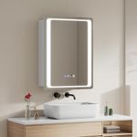 Warmiehomy Bathroom Mirror Cabinet with LED Lights,45x60cm Time Display 3-color Dimmable Illuminated Bathroom Mirror Cabinets with Shaver Socker Defogger Touch Switch One Door,White Frame