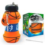 FunKitZ Basketball Kids Water Bottle - Sports Bottle - Collapsible Silicone Kids water bottles for school - Spout Cleaning Brush, Keyring - 550ml Water Bottle Kids (Orange)