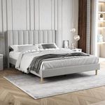 Zoophyter Upholstered Platform Bed Frame Queen Size with Headboard,Mattress Foundation Strong Wooden Slats Support Easy Assembly No Box Spring Needed Light Grey