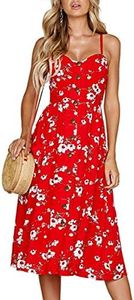Angashion Women's Dresses-Summer Floral Bohemian Spaghetti Strap Button Down Swing Midi Dress 0860 Red 2XL