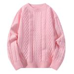 Caxndycing Knitted Jumper for Men Cable Knit Long Sleeve Ribbed High Collar Winter Jumper Thick Knitwear Oversize Knitted Jumper Cotton Crew Neck Sweatshirt, pink, L