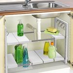 SMONTER Expandable Under Sink Organizer 2-Tier Adjustable Shelf Organizer with 10 Removable Panels and Stainless Steel Pipes with Hooks, Multifunctional Storage Rack