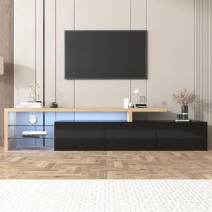USROCAS Meuble TV bas avec éclairage LED avec étagère en verre, planche en bois pour salon, chambre à coucher, 200 x 39 x 42 cm (noir)