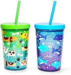 Home Tune 14oz Kids Tumbler Water Drinking Cup - BPA Free, Straw Lid Cup, Reusable, Lightweight, Spill-Proof Water Bottle with Cute Design for Girls & Boys - 2 Pack Shark & Dog