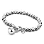 Women 925 Sterling Silver Bracelet Minimalist 4-10MM 5-9 inches Round Bead Chain Girls/Men Solid Silver Bracelet Charm Jewelry Gift (6MM bell pendant, 6.3)