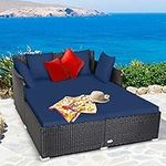 ORALNER Outdoor Daybed, 2-Person Wicker Chaise Lounge Chair with Cushions & Pillows, Patio Double Sofa PE Rattan Sunbed Lounger for Front Porch Deck Poolside Garden Balcony (Navy Blue)