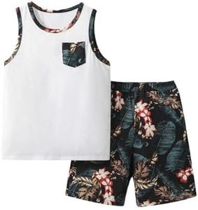 Floerns Boys Boho Sleeveless Tank Top Tropical Print Shorts Set 2 Piece Outfit White and Black 10Y