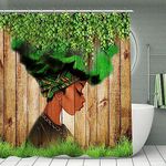 African Woman Shower Curtain Afro Black Art Green Leaves Women Watercolor Design Bathroom Accessories Waterproof,Machine Washable Bathtub Curtains with 12 Hooks 72" W x 72" L - Green Leaves Girl