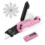 WORKPRO Folding Utility Knife, Quick Change Pocket Box Cutter, Razor Knife for Cartons, Cardboard, Boxes, Blade Storage in Handle, 13 Extra Blades Included(Pink)