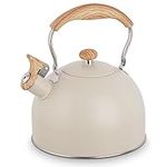 Whistling Kettle, 2.5L Stainless Steel Stove Top Whistling Tea Kettle with Wood Grain Handle, Teapot for Gas Hobs, Induction, Cooker and Electric Hobs (Beige)