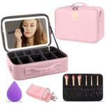 Oceanevo Medium Cosmetic Organizer Bag with Rechargeable LED Mirror and Makeup Sponge Included, Makeup Vanity Box with 3 LED Brightness Modes and Adjustable Dividers - 37 x 26 x 12 Cm - Rose Gold PU