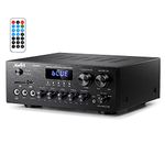 Stereo Power Audio Amplifier 220W Bluetooth 5.0, Moukey 2.0 Channel Stereo Audio Receiver with USB, SD, AUX, RCA, MIC in with Echo, Radio, LED for Home Theater Speakers, Studio, MAMP1