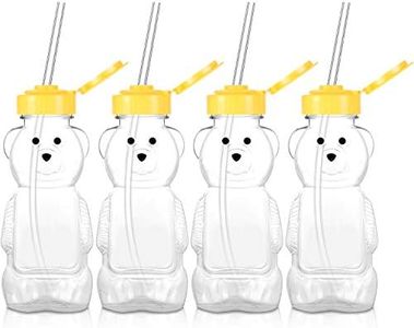 4 Pieces Juice Bear Bottles Honey Bear Drinking Bottles Plastic Reusable Drinking Cups with 4 Pieces Soft Silicone Straws for Daily Drinking Supplies (Yellow)