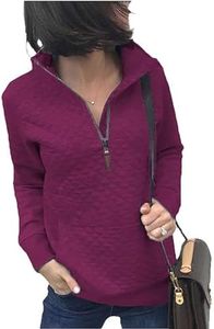 BTFBM Women Fashion Quilted Pattern Lightweight Zipper Long Sleeve Plain Casual Ladies Sweatshirts Pullovers Shirts Tops (Purple Red, X-Large)