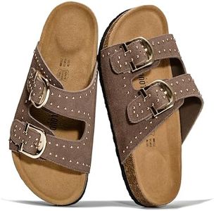 Project Cloud 100% Genuine Leather Sandals Women Footwear - Lightweight Womens Sandals with Memory Foam Insole & Natural Cork Footbed Beach Essentials Slides for Women (Venita Stud, MUSHSUEDE,7.5M)