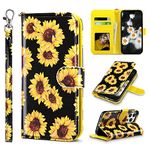 ULAK Compatible with iPhone 13 Pro Wallet Case, PU Leather Flip Case with Card Holders Kickstand Wrist Strap, Protective Shockproof TPU Phone Cover for iPhone 13 Pro 6.1'' 2021 (Sunflower)