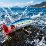 Saltwater Fishing Lure Popper 13cm 43g – Topwater Hard Bait with Loud Splash, Long Casting Design, Sharp Treble Hooks – Ideal for Tuna, GT, Barracuda & Seabass (Random Colors)