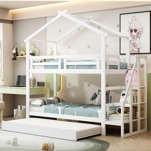 Merax Lit Superposé Cabane 3 Place 90 x 200 cm, Multifonctionnel Lit Mezzanine avec Lit Gigogne et Escalier Rangements, Lit gigogne 90x190 cm, Blanc (sans Matelas)