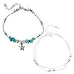 2 Pcs Ankle Bracelets For Women, Foot Bracelet Beach Adjustable Ankle Chain Layered Ankle Bracelet Starfish Beach Anklet Boho Turquoise Anklet Star Ankle Bracelet Boho Double Anklet for Kids Girls