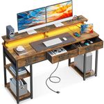 ODK Computer Desk with Fabric Drawers and Power Outlet, 55 Inch Home Office Desk with Storage Shelves, Writing Desk with Monitor Stand, Work Study Desk with LED Lights, Vintage