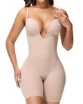 SHAPSHE Backless Shapewear Strapless Deep U Plunge Bodysuit for Women Tummy Control Built In Bra Low Back Body Shaper, Tan, Medium